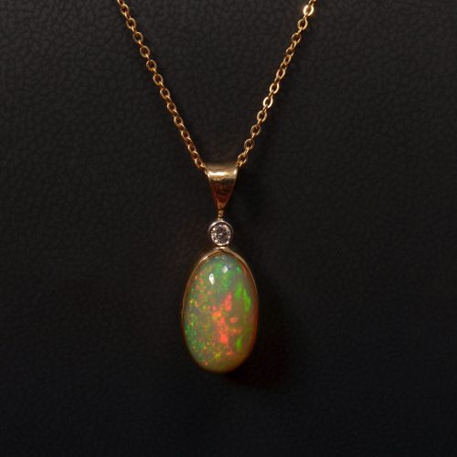 14K Yellow Gold Opal and Diamond Pendant Necklace