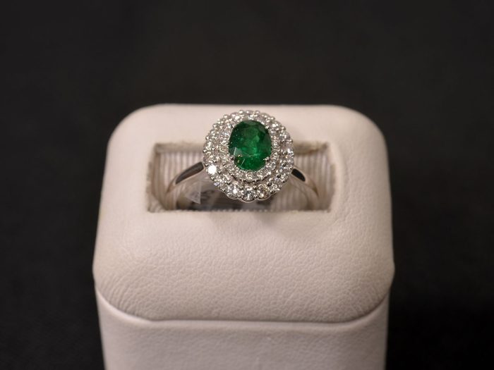 White Gold, Emerald and Diamond Ring available at John Wallick Jewelers in Sun City, Arizona near Phoenix, AZ