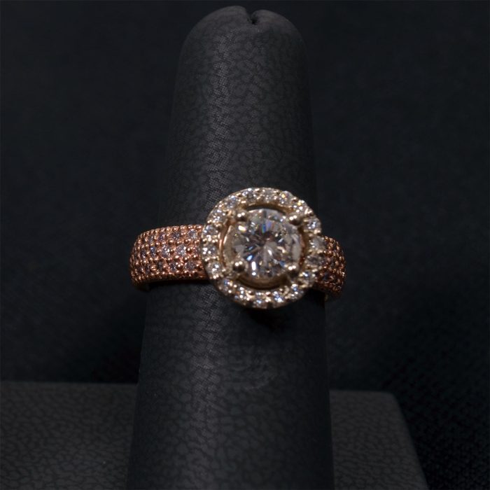 Rose and White Gold, Diamond Wedding Ring with Pink Side Diamonds available at John Wallick Jewelers in Sun City, Arizona near Phoenix, AZ