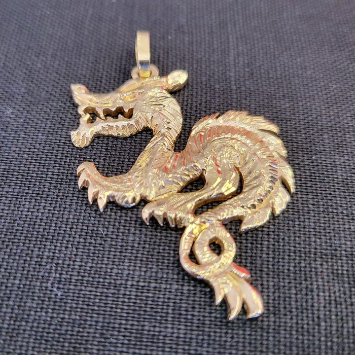 14K Yellow Gold Dragon Pendant Necklace available at John Wallick Jewelers in Sun City, Arizona near Glendale and Phoenix, AZ