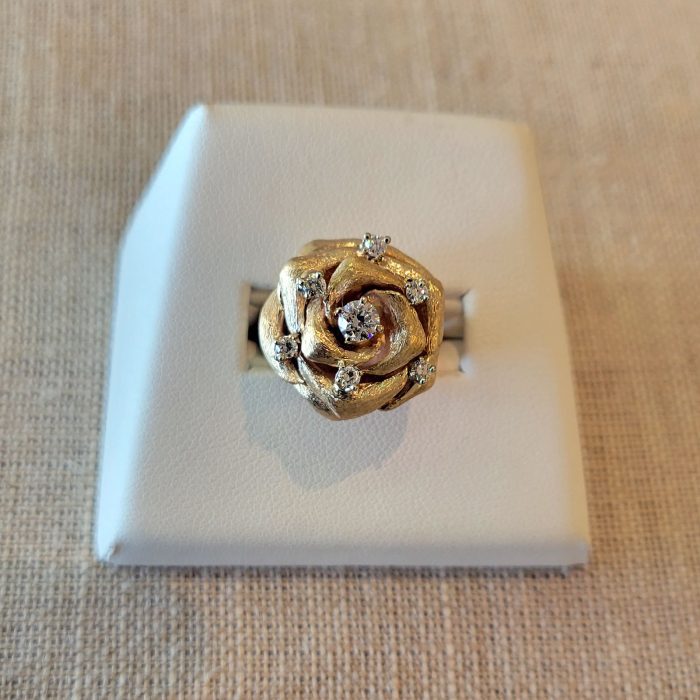 14kt Yellow Gold Rose Ring with Diamonds available at John Wallick Jewelers in Sun City, Arizona near Glendale, AZ
