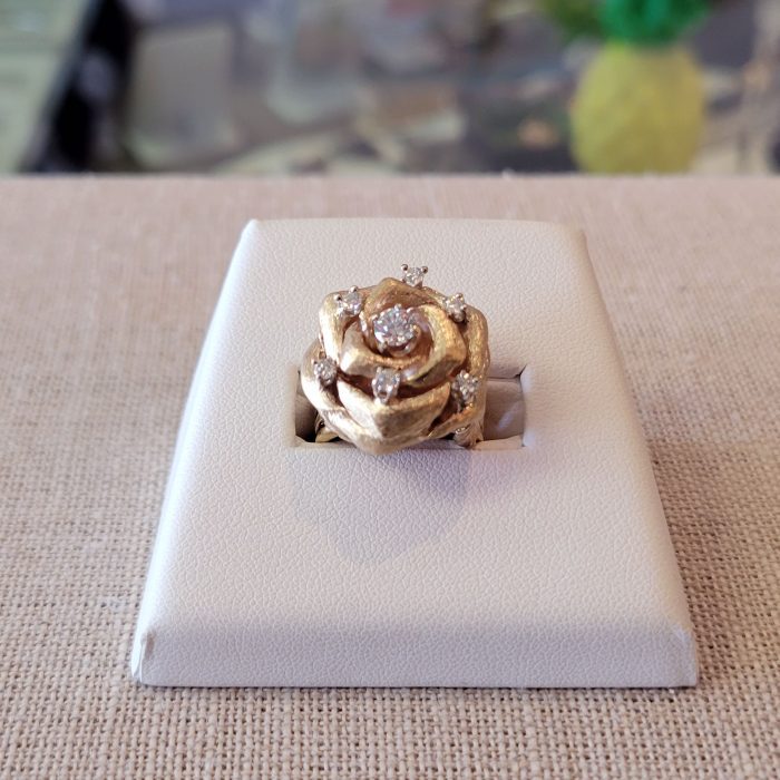 14kt Yellow Gold Rose Ring with Diamonds available at John Wallick Jewelers in Sun City, Arizona near Glendale, AZ