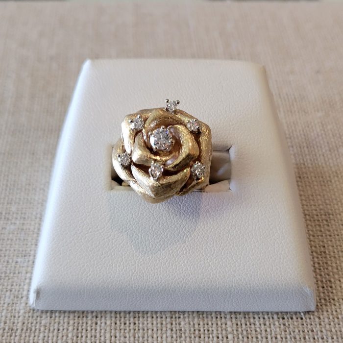 14kt Yellow Gold Rose Ring with Diamonds available at John Wallick Jewelers in Sun City, Arizona near Glendale, AZ