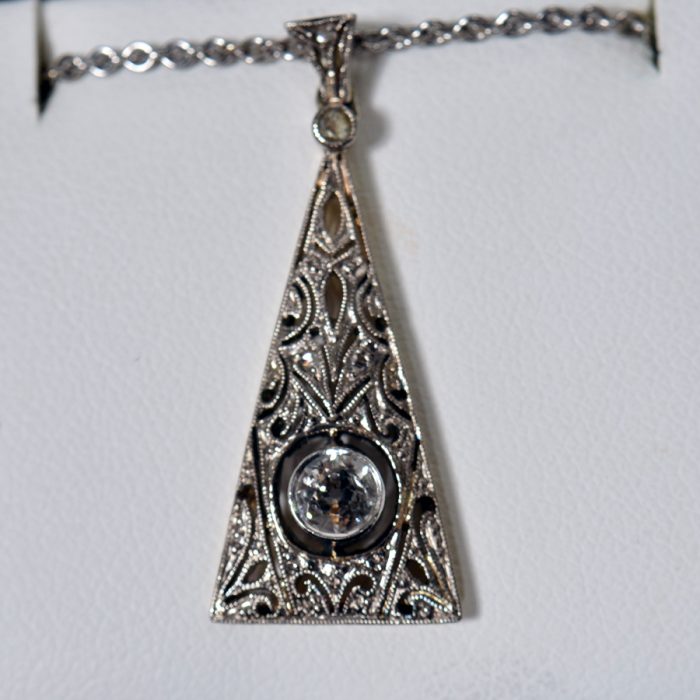 14K White Gold Diamond Filigree Pendant Necklace available at John Wallick Jewelers in Sun City, Arizona near Phoenix, AZ