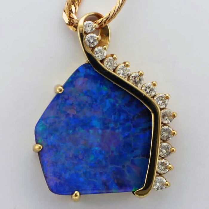Yellow Gold, Blue Opal and Diamond Pendant Necklace available at John Wallick Jewelers in Sun City, Arizona near Phoenix, AZ