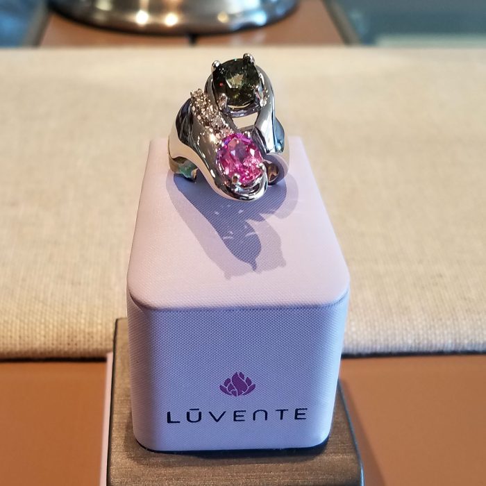 Pink and Green Sapphires, Diamonds and White Gold Ring available at John Wallick Jewelers in Sun City, AZ near Glendale, Arizona