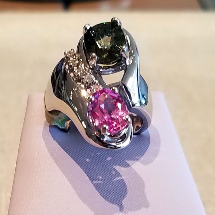 Pink and Green Sapphires, Diamonds and White Gold Ring available at John Wallick Jewelers in Sun City, AZ near Glendale, Arizona