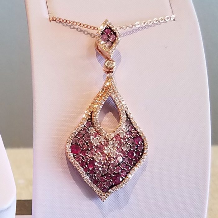Pink Sapphire and Diamond Pendant Necklace available at John Wallick Jewelers in Sun City, AZ near Glendale, Arizona