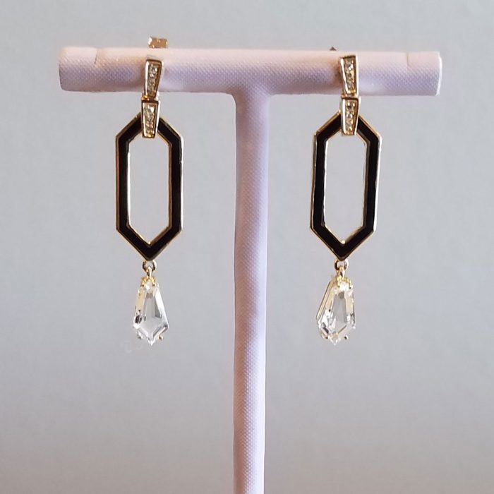 White Topaz on Black Enamel, Yellow Gold Earrings available at John Wallick Jewelers in Sun City, AZ near Glendale, Arizona