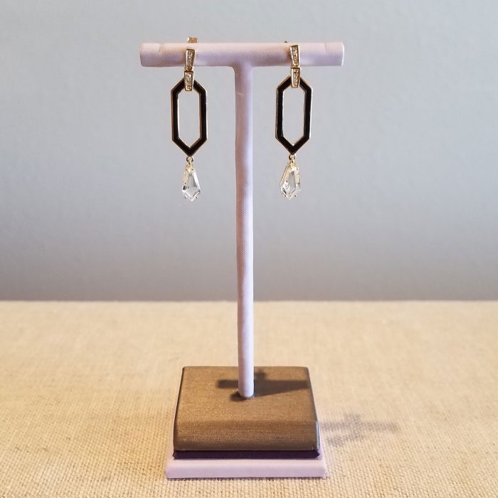 White Topaz on Black Enamel, Yellow Gold Earrings available at John Wallick Jewelers in Sun City, AZ near Glendale, Arizona