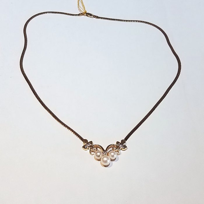Lady’s Yellow Gold, Diamond and Pearl, Pendant Necklace with Decorative Fleur at John Wallick Jewelers in Sun City, Arizona near Glendale and Phoenix, AZ