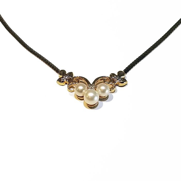 Lady’s Yellow Gold, Diamond and Pearl, Pendant Necklace with Decorative Fleur at John Wallick Jewelers in Sun City, Arizona near Glendale and Phoenix, AZ
