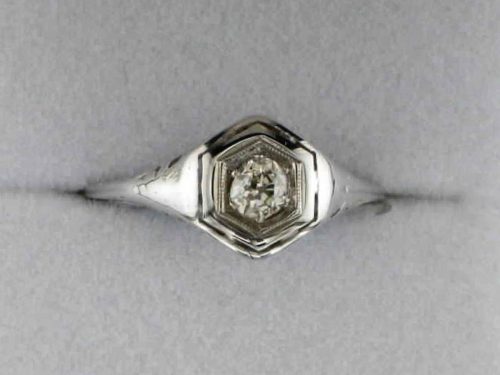John Wallick Jewelers: White Gold Filigree Estate Ring with Round European Cut Diamond
