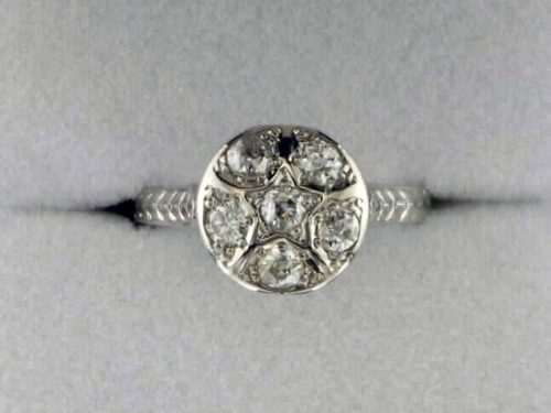 John Wallick Jewelers: White Gold Hand Engraved Estate Ring with Round European Cut Diamonds