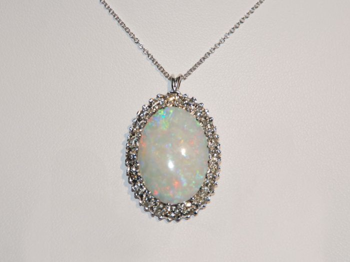 John Wallick Jewelers: White Gold Opal and Diamond Pendant Necklace