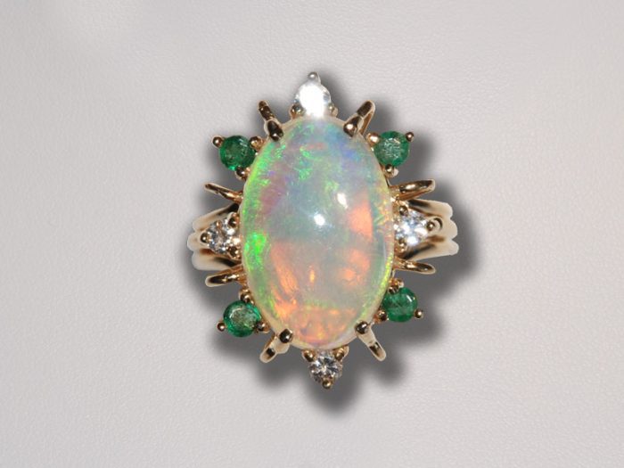 Opal, Emerald and Diamond Ring