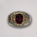 John Wallick Jewelers: Yellow Gold, Red Tourmaline, Tanzanite and Diamond Ring