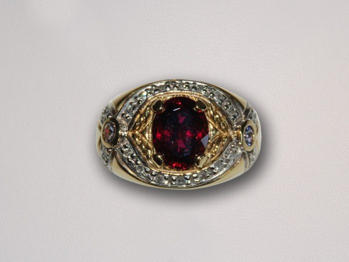 John Wallick Jewelers: Yellow Gold, Red Tourmaline, Tanzanite and Diamond Ring